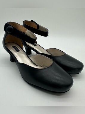 Array Charlie Black Leather Ankle-Strap Kitten Heels